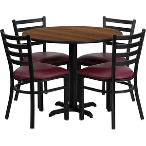 image:imageFlash Furniture Carlton 36 Round Walnut Laminate Table Set with XBase and 4 Ladder Back Metal Chairs  Black Vinyl SeatWalnut TopBurgundy Vinyl Seat