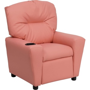 image:imageFlash Furniture Chandler LeatherSoft Kids Recliner with Cup Holder and Safety Recline Contemporary Reclining Chair for Kids Supports up to 90 lbs BlackPink Vinyl