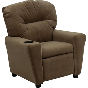 image:imageFlash Furniture Chandler LeatherSoft Kids Recliner with Cup Holder and Safety Recline Contemporary Reclining Chair for Kids Supports up to 90 lbs BlackBrown Microfiber