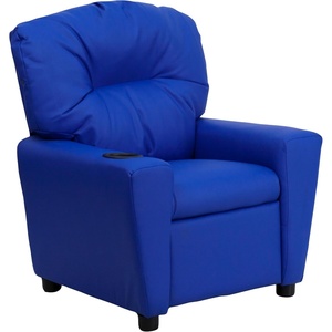 image:imageFlash Furniture Chandler LeatherSoft Kids Recliner with Cup Holder and Safety Recline Contemporary Reclining Chair for Kids Supports up to 90 lbs BlackBlue Vinyl