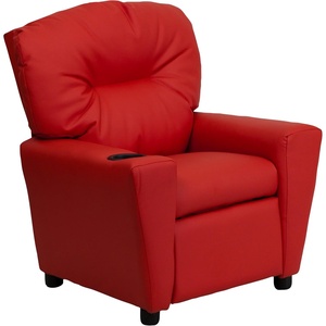 image:imageFlash Furniture Chandler LeatherSoft Kids Recliner with Cup Holder and Safety Recline Contemporary Reclining Chair for Kids Supports up to 90 lbs BlackRed Vinyl