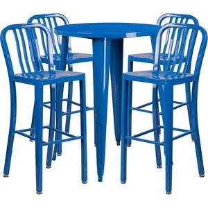 image:imageFlash Furniture Commercial Grade 30 Round Silver Metal IndoorOutdoor Bar Table Set with 4 Vertical Slat Back StoolsBlue