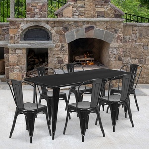 image:imageFlash Furniture Commercial Grade 315 x 63 Rectangular Black Metal IndoorOutdoor Table Set with 6 Stack ChairsBlack