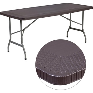 image:imageFlash Furniture Elon 562Foot Brown Rattan IndoorOutdoor Plastic Folding Table with Umbrella Hole