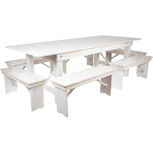 image:imageFlash Furniture HERCULES Series 8 x 40 Antique Rustic White Folding Farm Table and Six Bench Set