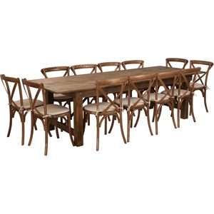 image:imageFlash Furniture Hercules Series 9 x 40 Antique Rustic Folding Farm Table Set with 12 Cross Back Chairs and Cushions