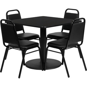 image:imageFlash Furniture Jamie 36 Square Walnut Laminate Table Set with Round Base and 4 Black Trapezoidal Back Banquet ChairsBlack TopBlack Vinyl Seat