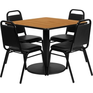image:imageFlash Furniture Jamie 36 Square Walnut Laminate Table Set with Round Base and 4 Black Trapezoidal Back Banquet ChairsNatural TopBlack Vinyl Seat