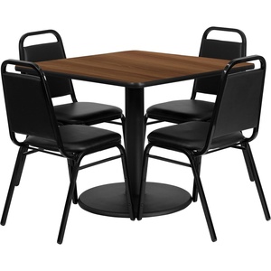 image:imageFlash Furniture Jamie 36 Square Walnut Laminate Table Set with Round Base and 4 Black Trapezoidal Back Banquet ChairsWalnut TopBlack Vinyl Seat