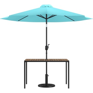 image:imageFlash Furniture Lark 3 Piece Outdoor Patio Table Set  Natural Faux Teak Dining Table  30 x 48 Synthetic Teak Patio Table with Teal Umbrella and BaseTeal