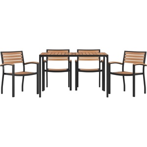 image:imageFlash Furniture Lark 5 Piece Outdoor Dining Table Set  Synthetic Teak Poly Slats  30 x 48 Steel Framed Table with Umbrella Holder Hole  4 Stackable Club Chairs
