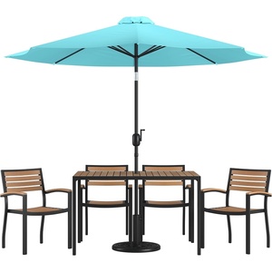 image:imageFlash Furniture Lark 7 Piece Outdoor Patio Dining Table Set  4 Synthetic Teak Stackable Chairs with Arms  30 x 48 Table  Teal Umbrella with BaseTeal