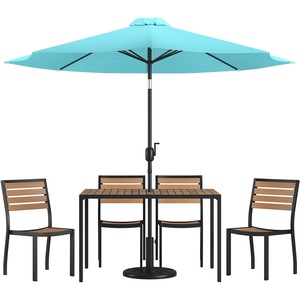 image:imageFlash Furniture Lark 7 Piece Patio Table Set  4 Synthetic Stackable Faux Teak Chairs  30 x 48 Faux Teak Table  Teal Umbrella with BaseTeal