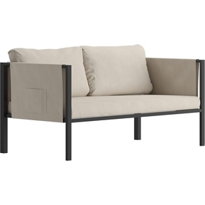 image:imageFlash Furniture Lea IndoorOutdoor Loveseat with Cushions  Modern Steel Framed Chair with Storage Pockets Black with Beige Cushions