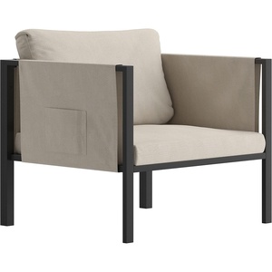 image:imageFlash Furniture Lea IndoorOutdoor Patio Chair with Cushions  Modern Steel Framed Chair with Storage Pockets Black with Beige CushionsLight Gray
