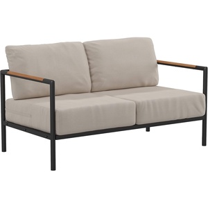 image:imageFlash Furniture Lea IndoorOutdoor Patio Loveseat with CushionsModern Aluminum Framed Loveseat with Teak Accent Arms Black with Beige Cushions