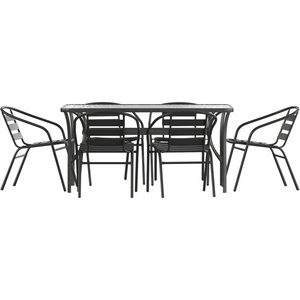 image:imageFlash Furniture Lila Commercial 7Piece Outdoor Dining Set Tempered Glass Patio Table with Umbrella Hole 6 Triple Slat Chairs 60 Black