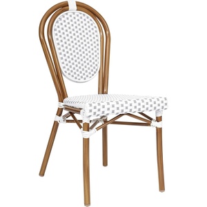 image:imageFlash Furniture Lourdes IndoorOutdoor Commercial Thonet French Bistro Stack Chair  NATWhite PE Rattan Back and Seat  Light Natural Bamboo Print Metal Frame  2 PKWhite  GrayNatural Frame