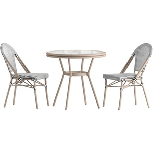 image:imageFlash Furniture Marseille IndoorOutdoor Commercial Bistro Set  Tempered Glass Top Table  2 Chairs  Textilene  Lt NAT Bamboo Print Aluminum Frame  BlkWhtBlack  White TextileneLight Natural Frame