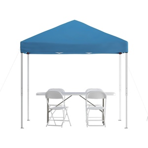 image:imageFlash Furniture Otis Portable TailgateEvent Tent Set  8x8 Blue Pop Up Canopy Tent 6Foot BiFold Table Set of 4 White Folding ChairsBlue