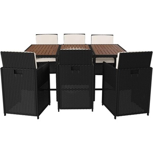 image:imageFlash Furniture Peregrine 7 Piece Outdoor Patio Dining Set  Space Saving Black Wicker Modular Chairs amp Cream CushionsNatural Finish Acacia Wood TableSeating for 6NaturalBlack