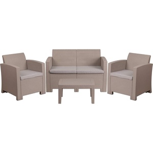 image:imageFlash Furniture Seneca 4 Piece Outdoor Faux Rattan Chair Loveseat and Table Set in Seneca Light GrayLight Gray