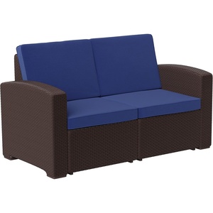 image:imageFlash Furniture Seneca Chocolate Brown Faux Rattan Loveseat with AllWeather Navy CushionsNavy CushionsChocolate Brown Frame