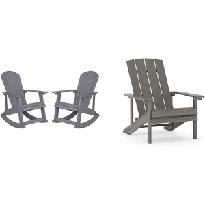 image:imageFlash Furniture Set of 2 Savannah Adirondack Rocking Chairs and Charlestown Adirondack Chair 350lb Capacity Polyresin Wood Style Gray