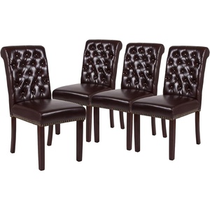 image:imageFlash Furniture Set of 4 Hercules Series Brown LeatherSoft Parsons Chairs with Rolled Back Accent Nail Trim and Walnut Finish