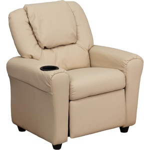 image:imageFlash Furniture Vana LeatherSoft Kids Recliner with Cup Holder Headrest and Safety Recline Contemporary Reclining Chair for Kids Supports up to 90 lbs BrownBeige Vinyl