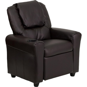 image:imageFlash Furniture Vana LeatherSoft Kids Recliner with Cup Holder Headrest and Safety Recline Contemporary Reclining Chair for Kids Supports up to 90 lbs BrownBrown Leathersoft
