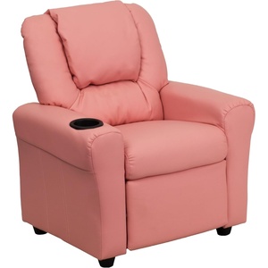 image:imageFlash Furniture Vana LeatherSoft Kids Recliner with Cup Holder Headrest and Safety Recline Contemporary Reclining Chair for Kids Supports up to 90 lbs BrownPink Vinyl