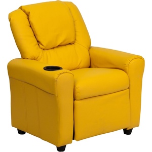 image:imageFlash Furniture Vana LeatherSoft Kids Recliner with Cup Holder Headrest and Safety Recline Contemporary Reclining Chair for Kids Supports up to 90 lbs BrownYellow Vinyl