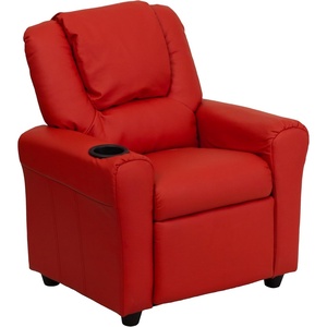 image:imageFlash Furniture Vana LeatherSoft Kids Recliner with Cup Holder Headrest and Safety Recline Contemporary Reclining Chair for Kids Supports up to 90 lbs BrownRed Vinyl