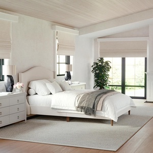image:imageMartha Stewart Amelia Platform Bed with Curved Headboard and Cushioned Side Rails Boucle Upholstery Wood Slat Foundation No Box Spring Needed King OffWhite BoucleBeige FabricWalnut Legs