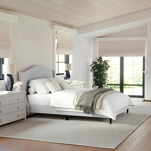 image:imageMartha Stewart Amelia Platform Bed with Curved Headboard and Cushioned Side Rails Boucle Upholstery Wood Slat Foundation No Box Spring Needed King OffWhite BoucleGray FabricBlack Legs