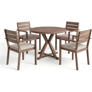 image:imageMartha Stewart Bedford 5 Piece Indoor Outdoor Aluminum Patio Set 36 Round Trestle Base Table 4 Stackable Armchairs Brown Brushed Woodgrain Cream Seat CushionsBrown