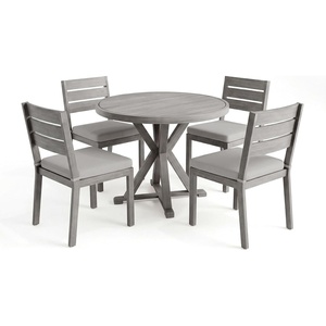 image:imageMartha Stewart Bedford 5 Piece Indoor Outdoor Aluminum Patio Set 36 Round Trestle Base Table 4 Stackable Chairs Brown Brushed Woodgrain Cream Seat CushionsGrey