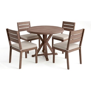 image:imageMartha Stewart Bedford 5 Piece Indoor Outdoor Aluminum Patio Set 36 Round Trestle Base Table 4 Stackable Chairs Brown Brushed Woodgrain Cream Seat CushionsBrown