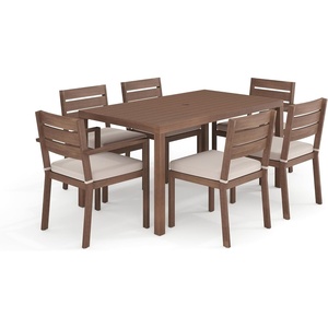 image:imageMartha Stewart Bedford 7 Piece Aluminum Patio Set with 62 Table and 6 Stackable Chairs with Brown Brushed Woodgrain Finish Cream AllWeather Seat CushionsBrown