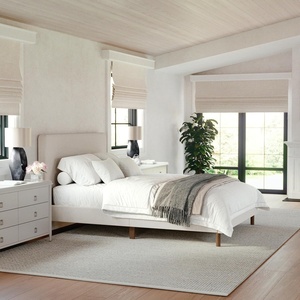 image:imageMartha Stewart Britta Platform Bed with Headboard amp Footboard Faux Linen Upholstery with Piping Detail Rounded Headboard No Box Spring Needed Full GrayBeige FabricWalnut Legs