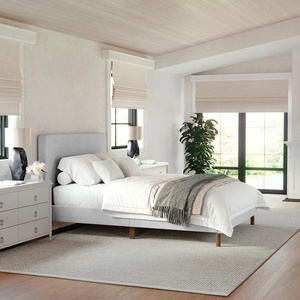 image:imageMartha Stewart Britta Platform Bed with Headboard amp Footboard Faux Linen Upholstery with Piping Detail Rounded Headboard No Box Spring Needed Full GrayGray FabricWalnut Legs