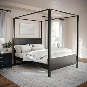 image:imageMartha Stewart Hayes Canopy Platform Bed with Wood Headboard and Footboard Solid Wood Frame No Box Spring Needed Queen Size Dark Gray