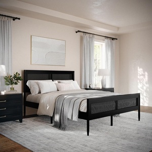 image:imageMartha Stewart Jax Platform Bed with Rattan Headboard and Footboard Solid Wood Frame Wooden Support Slats No Box Spring Needed King Size BlackBlack