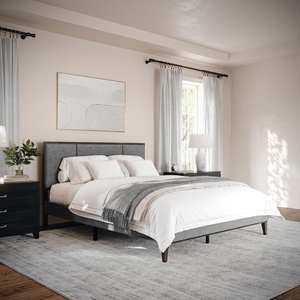 image:imageMartha Stewart Jett Platform Bed with Headboard Fabric Upholstered Inset Headboard and Base Solid Wood Frame No Box Spring Needed King Dark BrownBeigeGray FabricBrown Gray Frame