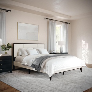 image:imageMartha Stewart Jett Platform Bed with Headboard Fabric Upholstered Inset Headboard and Base Solid Wood Frame No Box Spring Needed King Dark BrownBeigeBeige FabricDark Brown Frame