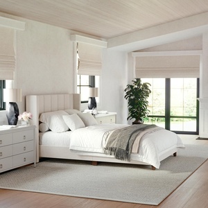 image:imageMartha Stewart Kay Low Profile Platform Bed with Wingback Headboard Channel Stitched Faux Linen Upholstery No Box Spring Needed Queen BeigeBeige FabricWalnut Legs