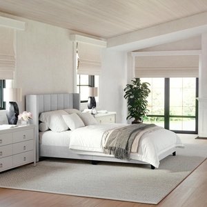 image:imageMartha Stewart Kay Low Profile Platform Bed with Wingback Headboard Channel Stitched Faux Linen Upholstery No Box Spring Needed Queen BeigeGray FabricBlack Legs