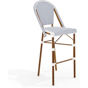image:imageMartha Stewart Lily Pond IndoorOutdoor Stackable Bar Stools with Natural Woodgrain Aluminum Frame Finish BlackWhite Woven Rattan Backrests and Seats Set of 2Navy  WhiteNatural Frame
