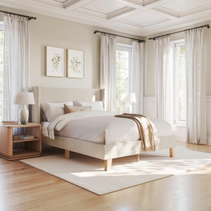 image:imageMartha Stewart Maisie Platform Bed with Wingback Headboard and Cushioned Side Rails Faux Linen Upholstery Wood Slat Foundation No Box Spring Needed Queen BeigeBeige